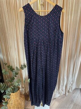 Vintage handmade navy blue floral print jumpsuit pink green white early 90s